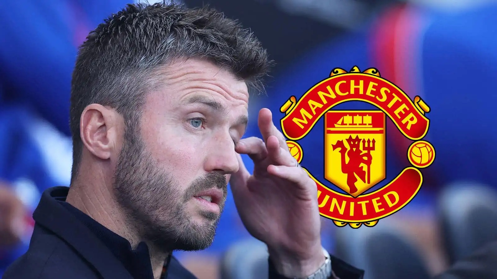 Manchester United manager Michael Carrick next to the Manchester United badge - copyright TEAMtalk