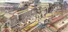 Alan Sorrell’s reconstruction of the Roman Forum in the fourth century, looking towards the Temple of Jupiter © Ashmolean Museum, University of Oxford