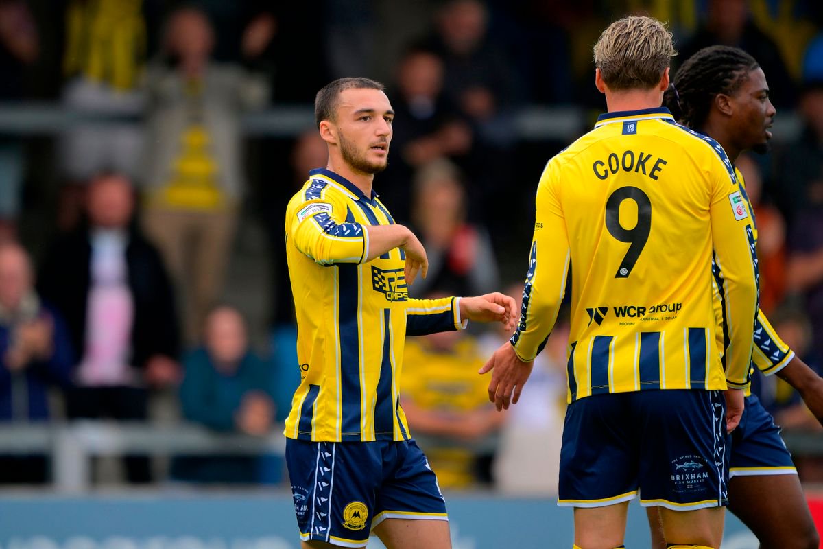 Hat-trick Goal celebrations for Sonny Blu Lo-Everton of Torquay United during the Emirates FA Cup Second Round Qualifying match between Torquay United and AFC Stoneham at Plainmoor, Torquay on Saturday 19th September 2026 - PHOTO: Frankie OKeeffe/PPAUK