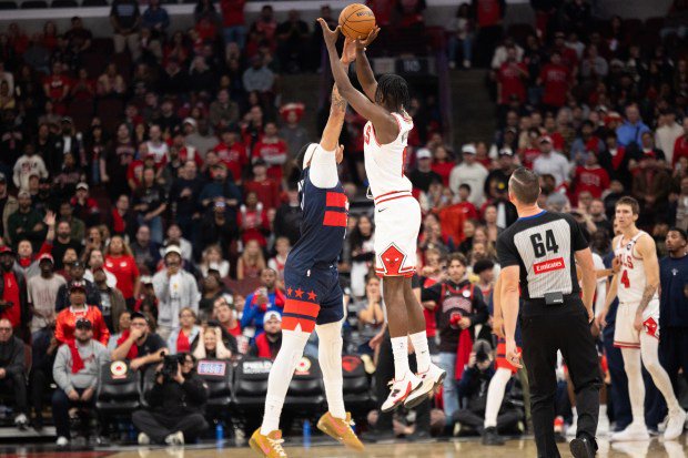 Bulls forward Caleb Wilson has his shot blocked late in the fourth quarter against the Wizards on Saturday, Oct. 24, 2026, at the United Center. (Arthur Maiorella/Chicago Tribune)
