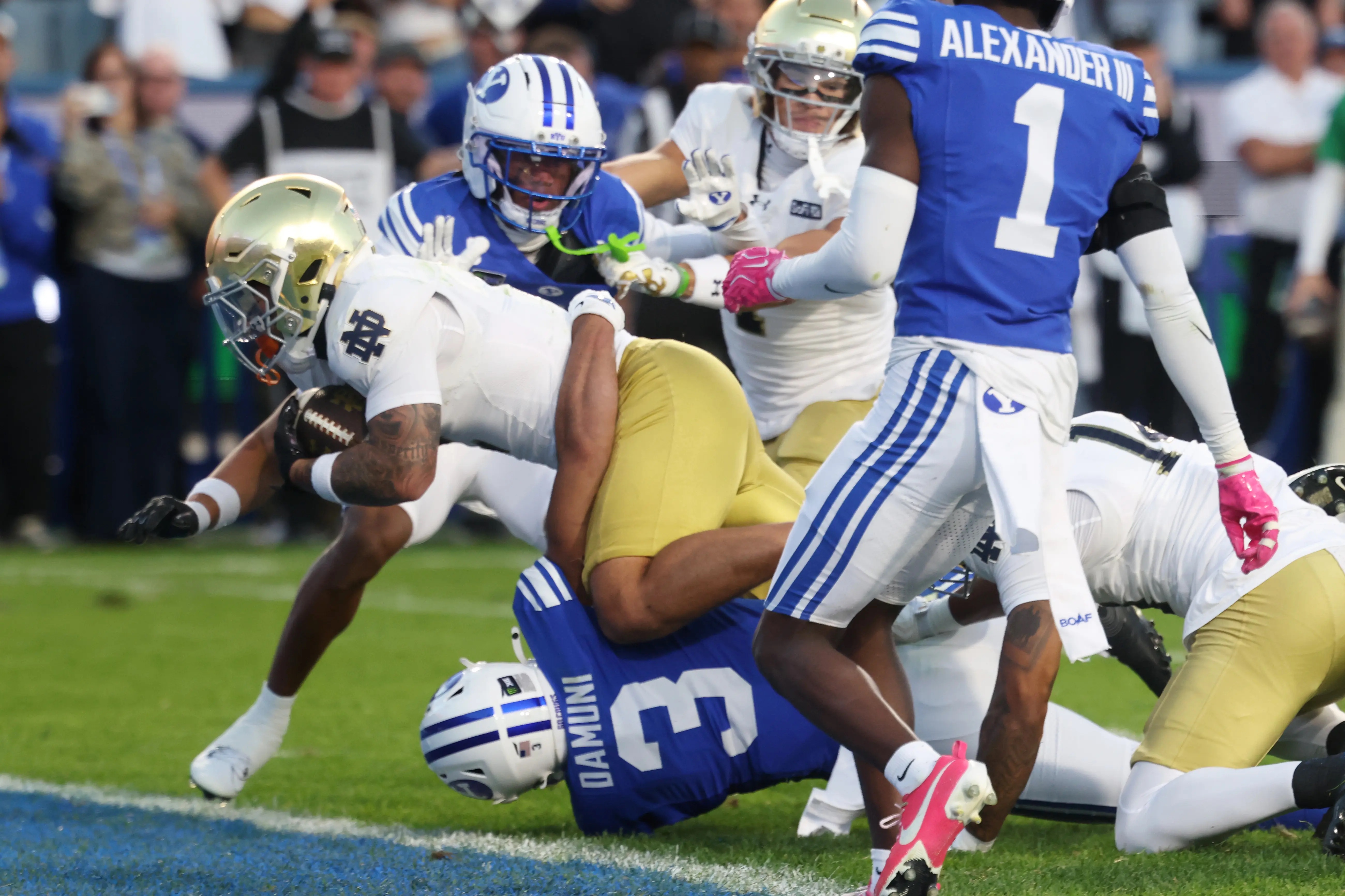 Notre Dame running back Nolan James Jr. scores a touchdown against BYU.