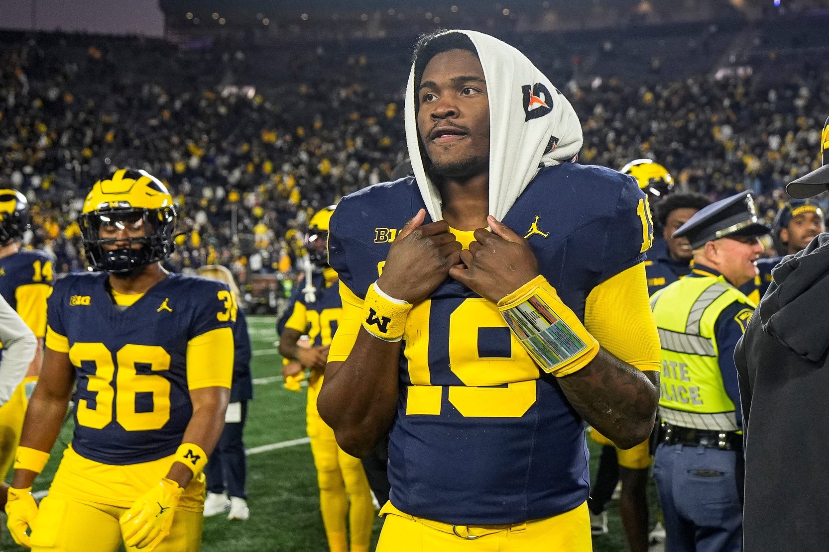 Michigan quarterback Bryce Underwood (19) looks on before running off the field after Michigan’s 21-18 win over Penn State at Michigan Stadium in Ann Arbor on Saturday, Oct. 17, 2026.