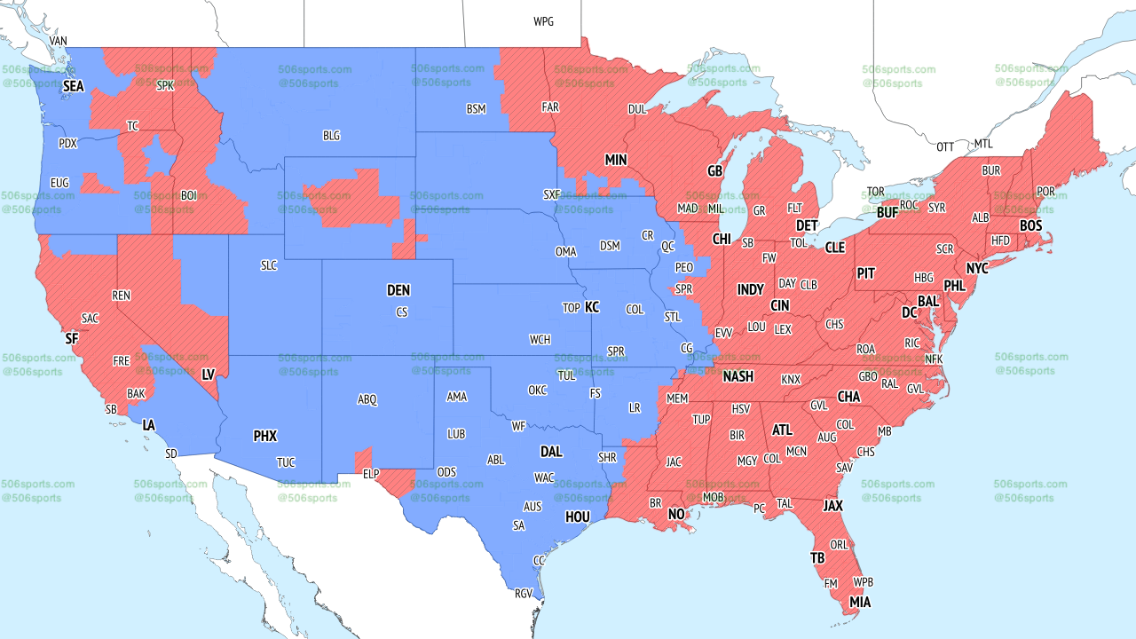 An NFL Week 6 coverage map of CBS' late slate of games, courtesy of 506 Sports.