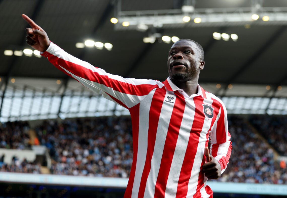 Brian Brobbey of Sunderland celebrates scoring his team’s first goal during the Premier League 2026/27 match between Manchester City and Sunderland at Etihad Stadium