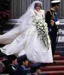 On her wedding day, Diana stunned in an ivory silk taffeta and antique lace gown, featuring a 25-foot train, by David and Elizabeth Emanuel