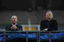 Tv pundits Alan Shearer and Gary Lineker are seen in the tv studio in the stands during the FA Cup Quarter Final match between Newcastle United and...