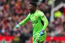 Andre Onana of Manchester United during the Premier League match between Manchester United and Burnley FC at Old Trafford on April 27, 2024 in Manc...