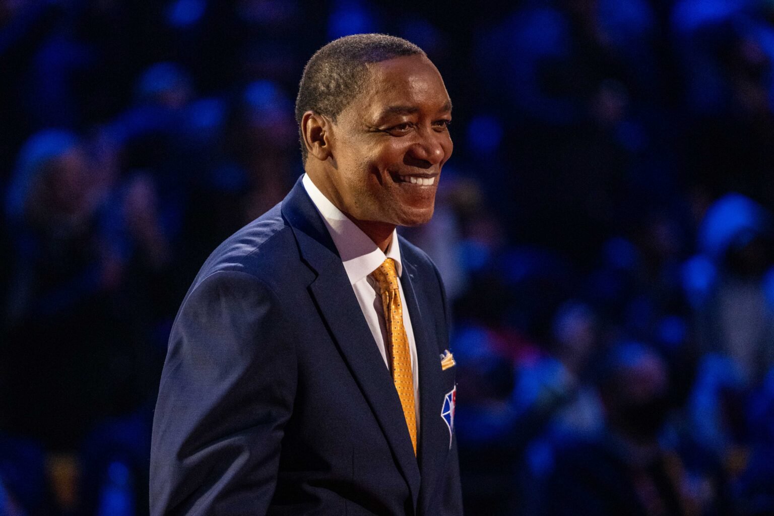Cleveland, Ohio, USA; NBA great Isiah Thomas is honored for being selected to the NBA 75th Anniversary Team during halftime in the 2022 NBA All-Star Game at Rocket Mortgage FieldHouse. Mandatory Credit: Kyle Terada-USA TODAY Sports