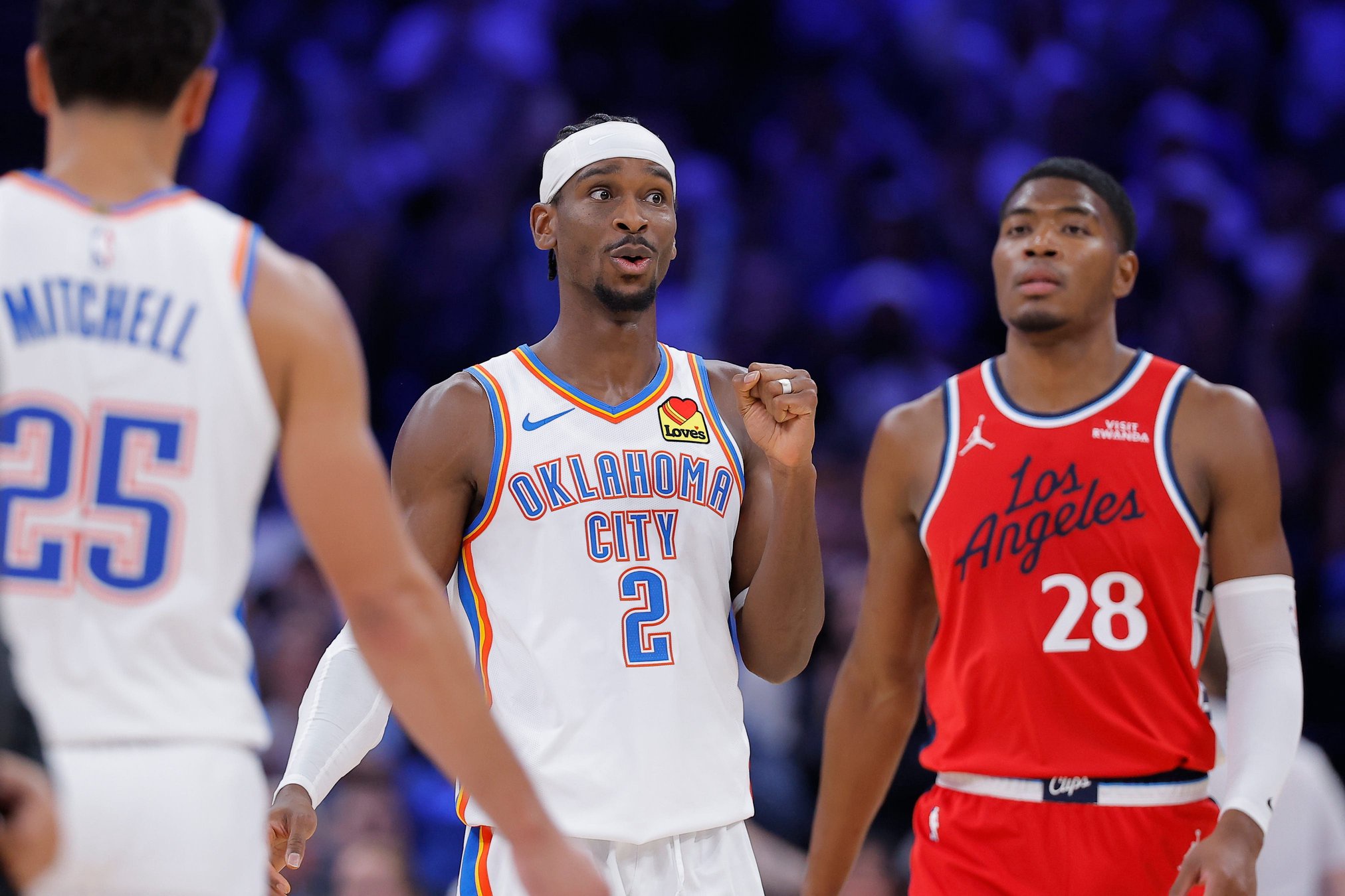 Oct 25, 2026; Oklahoma City, Oklahoma, USA; Oklahoma City Thunder guard Shai Gilgeous-Alexander (2) reacts after a play against the Los Angeles Clippers during the second half at Paycom Center. Mandatory Credit: Alonzo Adams-Imagn Images