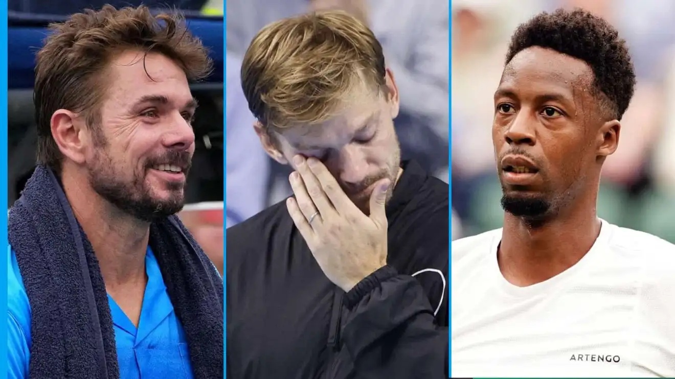Pictured: Stan Wawrinka smiles, David Goffin cries, and Gael Monfils looks on