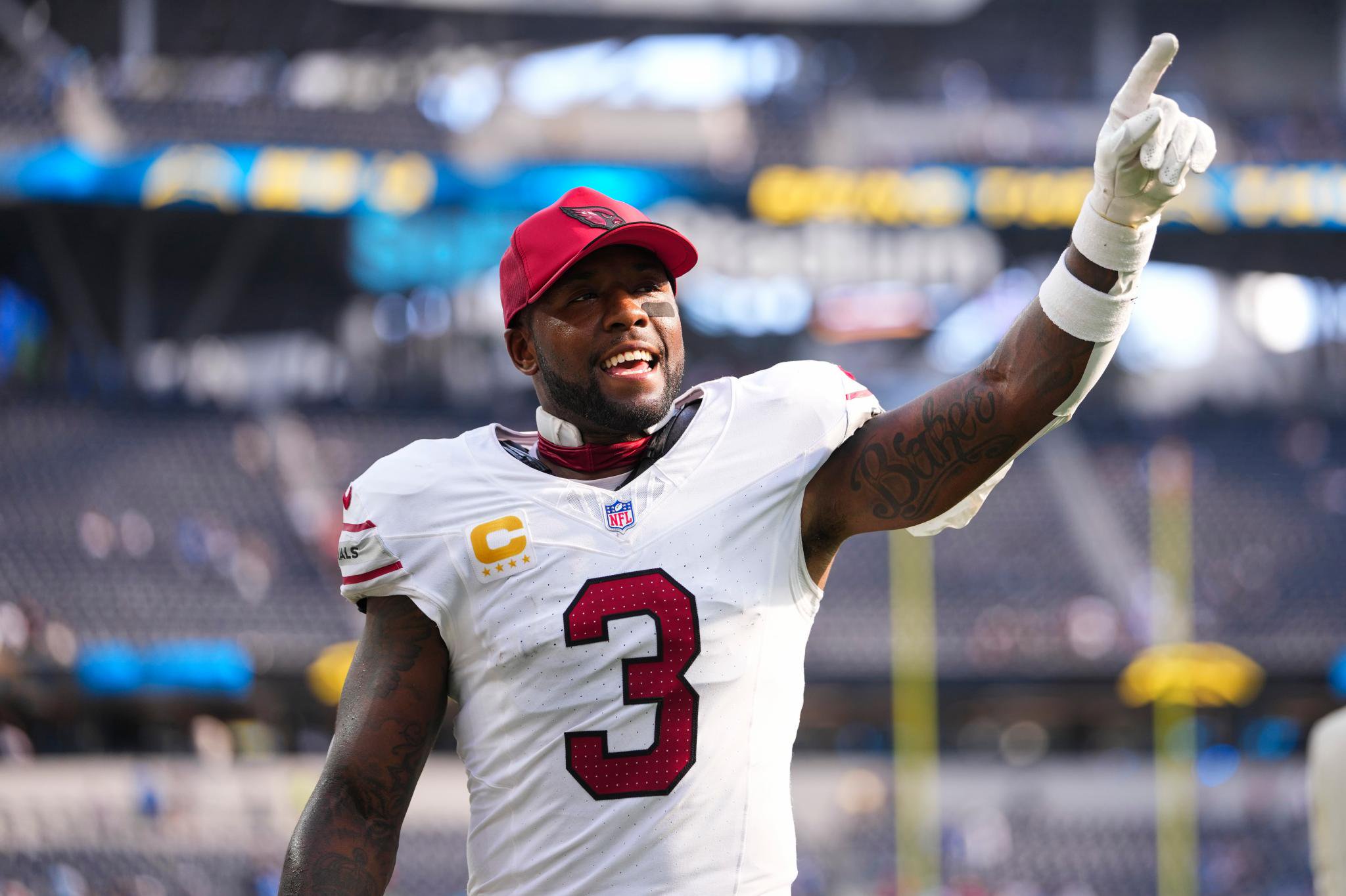 Budda Baker of the Arizona Cardinals celebrates on the field.