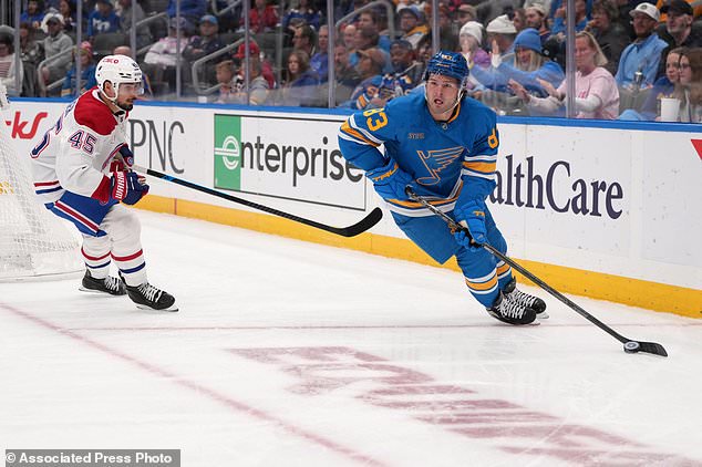 St. Louis Blues' Mason McTavish (83) looks to pass as Montreal Canadiens' Alexandre Carrier (45) defends during the second period of an NHL hockey game Tuesday, Oct. 27, 2026, in St. Louis. (AP Photo/Jeff Roberson)