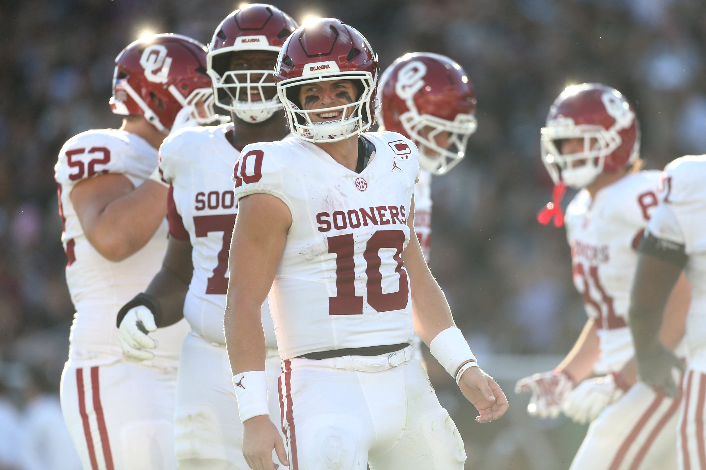 Oct 24, 2026; Starkville, Mississippi, USA;  Oklahoma Sooners quarterback John Mateer (10) reacts after a touchdown during the third quarter against the Mississippi State Bulldogs at Davis Wade Stadium at Scott Field.  Mandatory Credit: Petre Thomas-Imagn Images