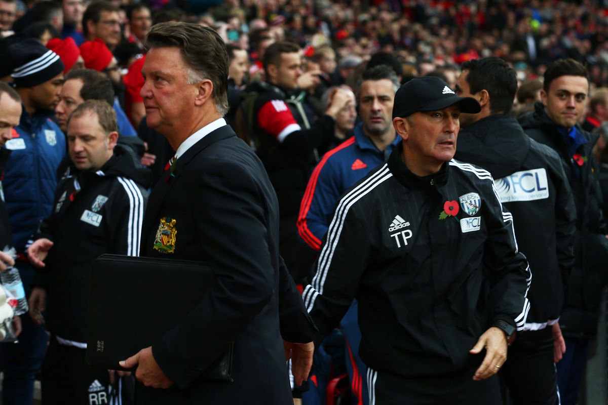 Louis van Gaal Manager and Tony Pulis before a Premier League fixture between Manchester United and West Brom back in November 2015