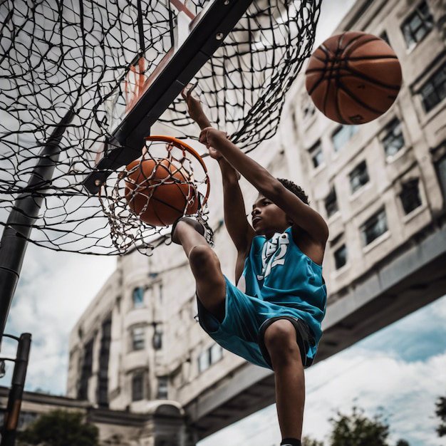 Young people engaging urban basketball action recreation