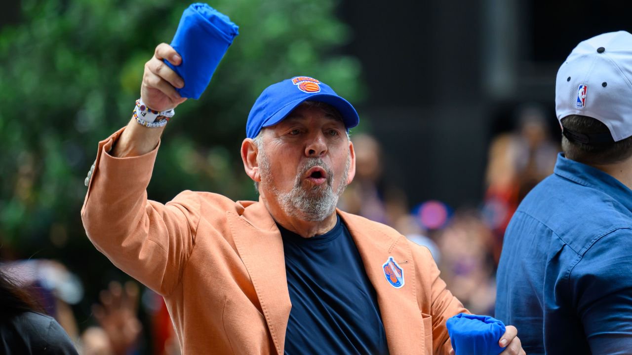 Jun 18, 2026; New York, NY, USA; CEO of MSG Network James Dolan gets ready to throw a shirt during the New York Knicks Championship Parade through the Canyon of Heroes. Mandatory Credit: Brenden Willsch-Imagn Images