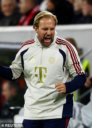Aaron Danks is pictured celebrating a goal in Bayern's win over Freiburg - he will again take charge of the team this week while Vincent Kompany recovers