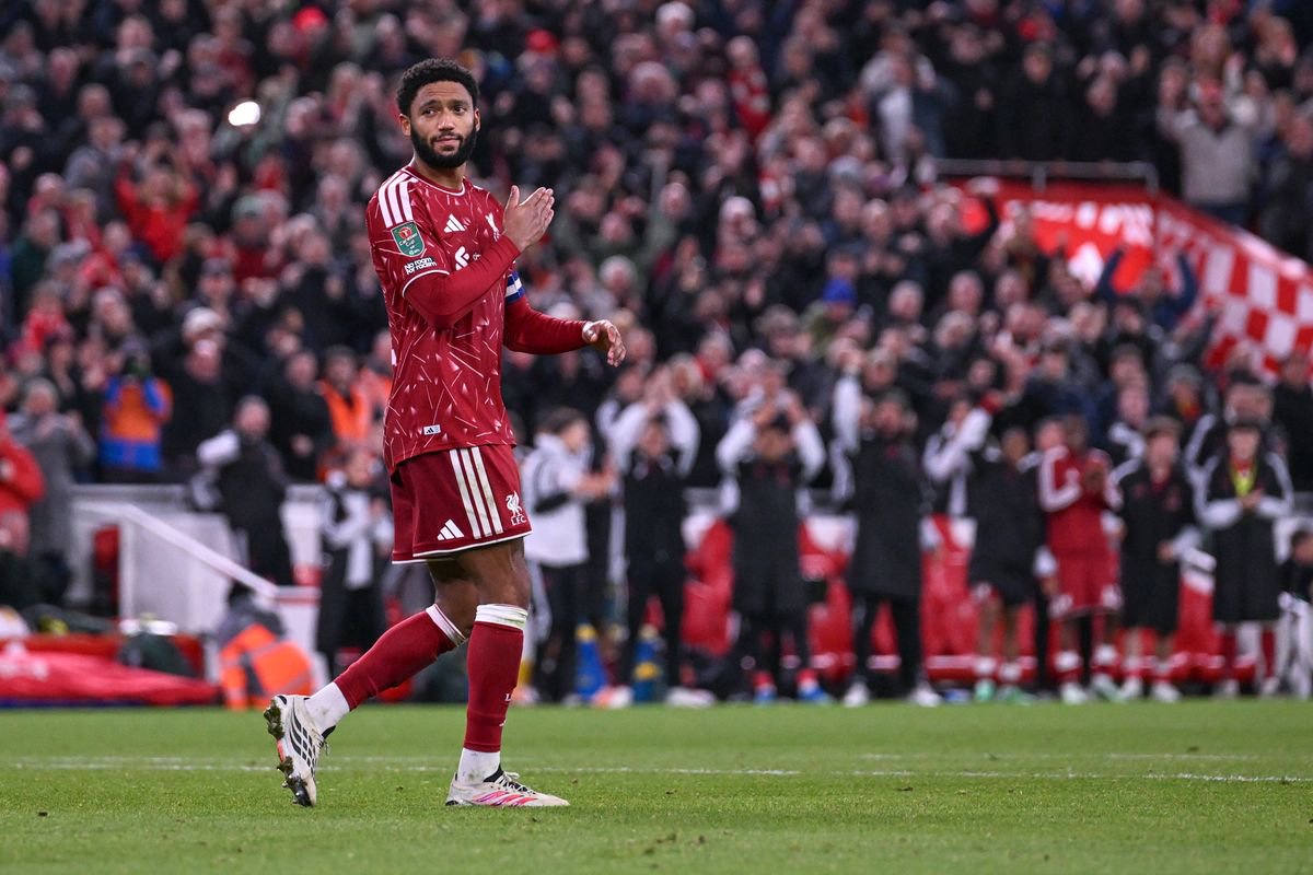 LIVERPOOL, ENGLAND - OCTOBER 28: Joe Gomez of Liverpool celebrates after scoring their team's sixth penalty in the penalty shoot out during the Carabao Cup Fourth Round match between Liverpool and Chelsea at Anfield on October 28, 2026 in Liverpool, England. (Photo by Liverpool FC/Liverpool FC via Getty Images)