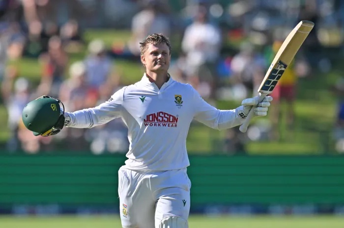 Ryan Rickleton celebrates his third Test century at Newlands on FrIday.