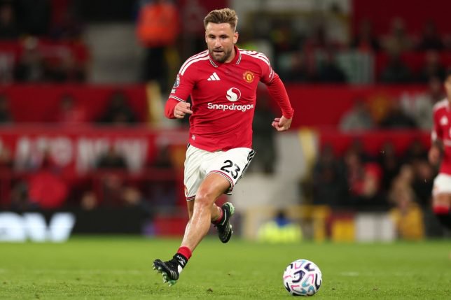 MANCHESTER, ENGLAND - OCTOBER 10: Luke Shaw of Manchester Utd during the Premier League 2026/27 match between Manchester United and Tottenham Hotspur at Old Trafford on October 10, 2026 in Manchester, United Kingdom. (Photo by Shaun Brooks - CameraSport via Getty Images)