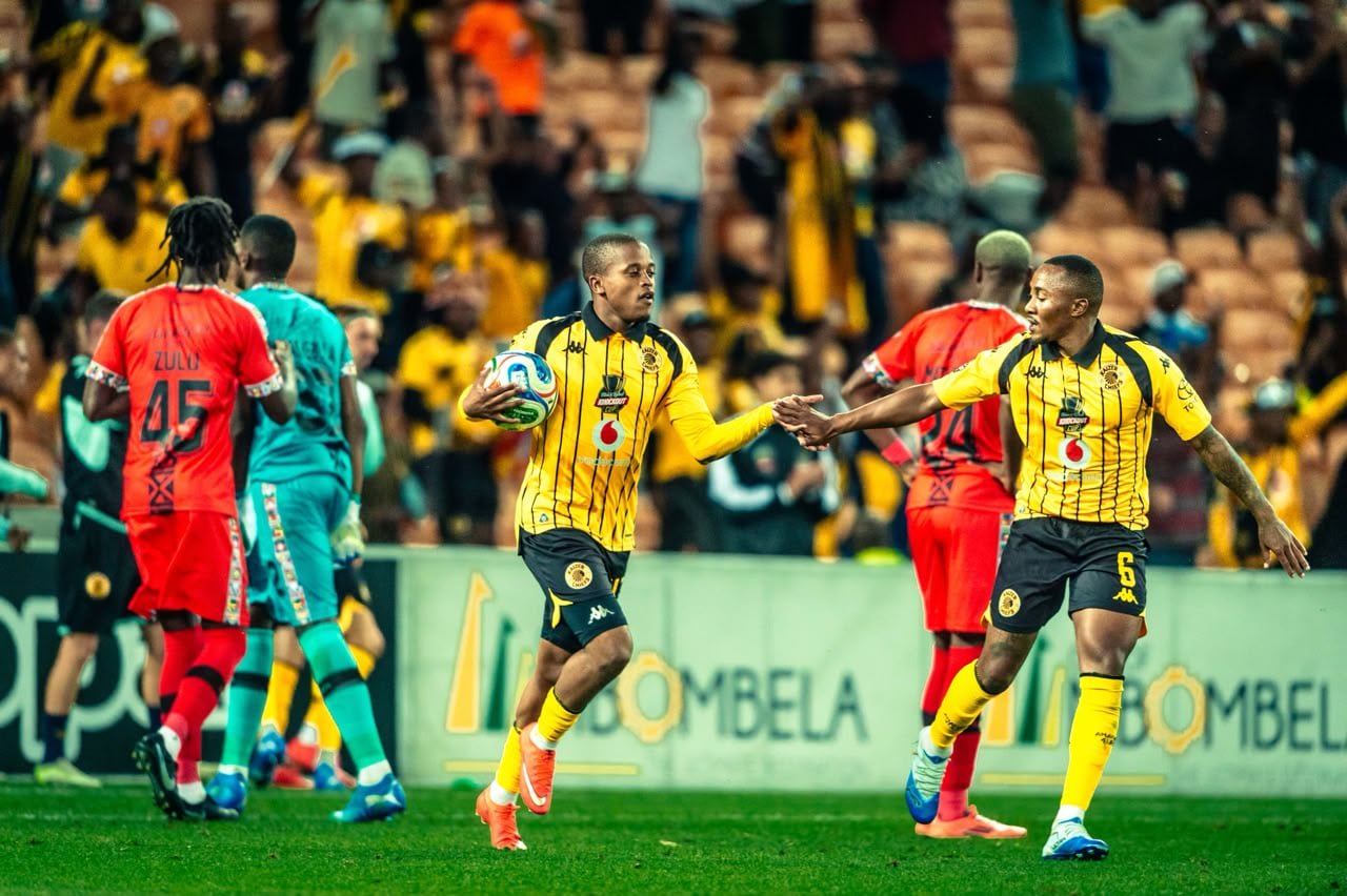 Wandile Duba and Lebohang Maboe in celebratory mood after scoring for Kaizer Chiefs