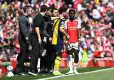 Bukayo Saka gestures after a tackle during Arsenal vs AFC Bournemouth