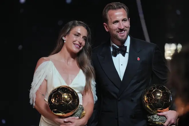 England's soccer player Harry Kane and Spain's Alexia Putellas win the player of the year trophy during the Ballon d'Or ceremony at the London Palladium Theatre