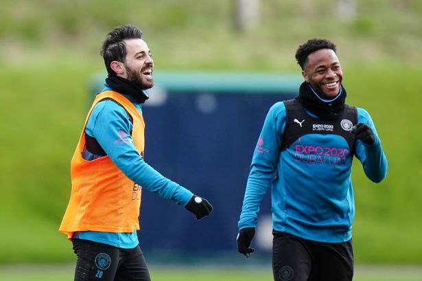 Bernardo Silva and Raheem Sterling pictured during Manchester City training