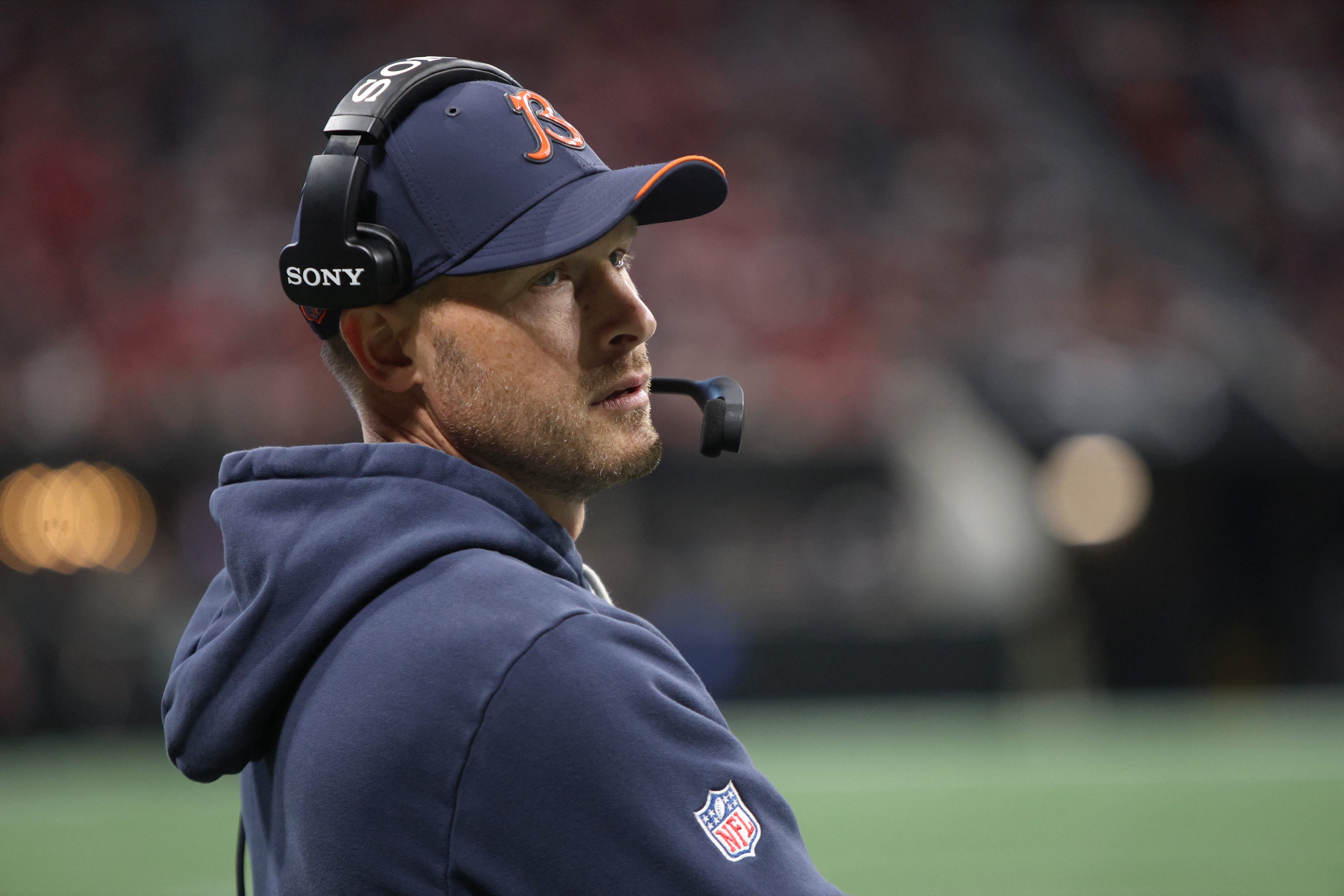 Oct 18, 2026; Atlanta, Georgia, USA;  Chicago Bears head coach Ben Johnson looks on during the fourth quarter against the Atlanta Falcons at Mercedes-Benz Stadium.  Mandatory Credit: Brett Davis-Imagn Images