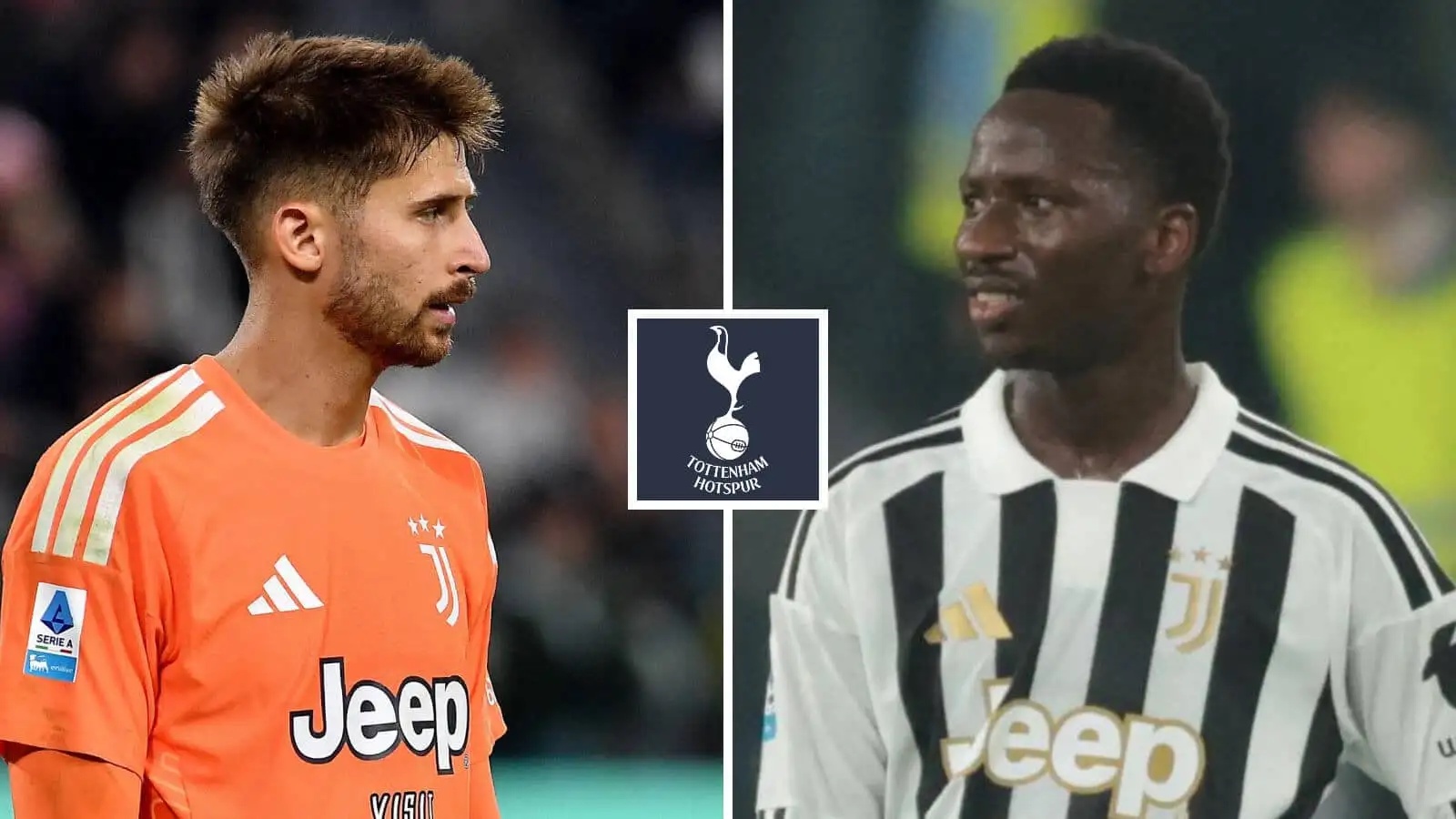 Split image of Guglielmo Vicario and Pape Matar Sarr with the Tottenham Hotspur badge in between - copyright TEAMtalk