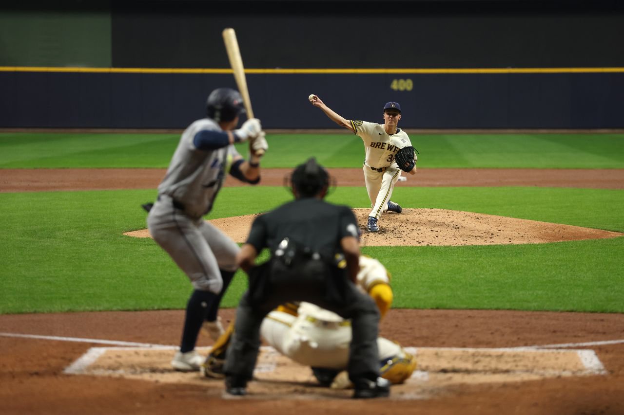 Brewers ace Jacob Misiorowski delivers a pitch in the third inning of Game 1.