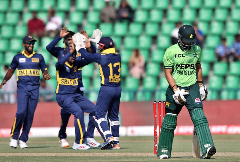 Pakistani batsman Maaz Sadaqat batter plays a shot during the ODI tri-series cricket match against Sri Lanka at Gaddafi Stadium.