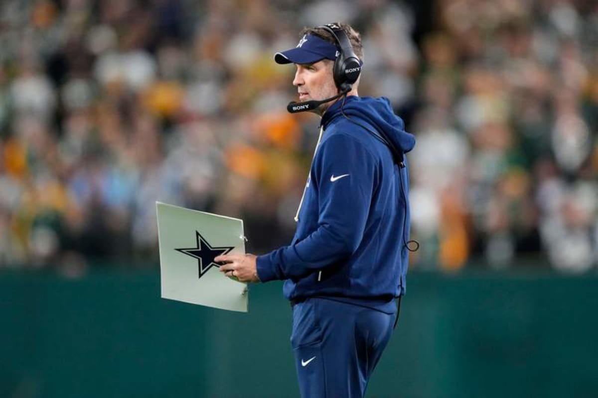 Oct 18, 2026; Green Bay, Wisconsin, USA; Dallas Cowboys head coach Brian Schottenheimer during the game against the Green Bay Packers at Lambeau Field. © Jeff Hanisch-Imagn Images
