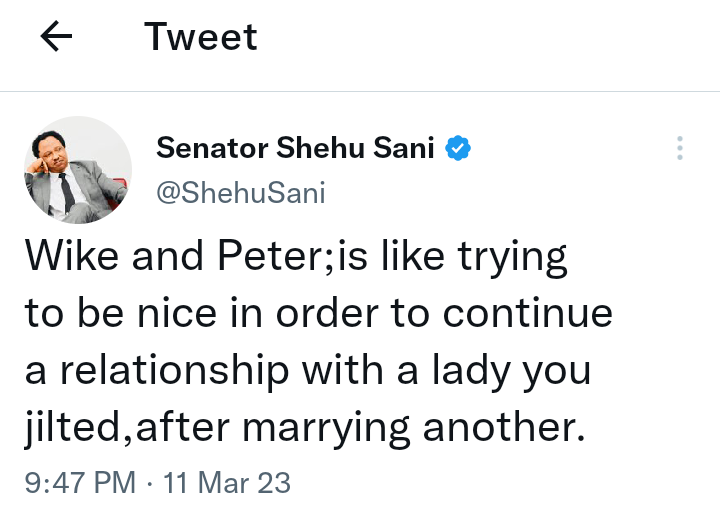 Wike and Peter is Like To Be Nice To Continue A Relationship With Lady You Jilted - Shehu Sani