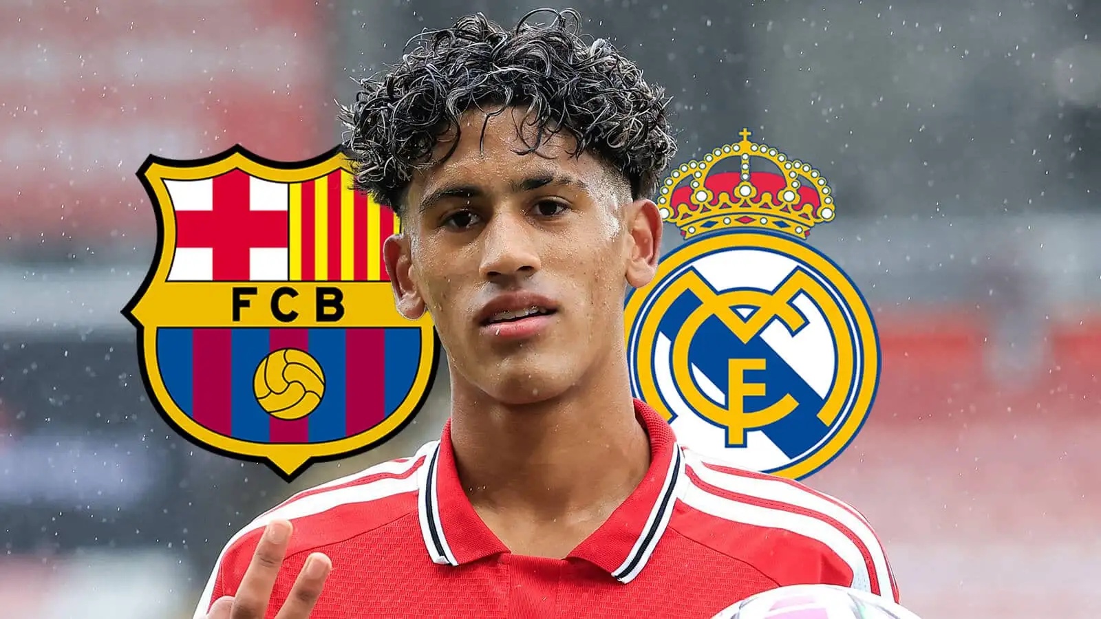Barcelona badge, Manchester United teenager JJ Gabriel and Real Madrid badge - copyright TEAMtalk