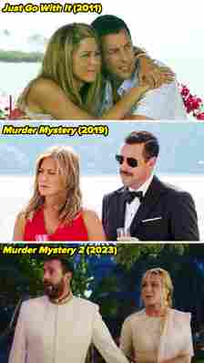 Jennifer Aniston and Adam Sandler in scenes from &quot;Just Go With It&quot; (2011), &quot;Murder Mystery&quot; (2019), and &quot;Murder Mystery 2&quot; (2023)