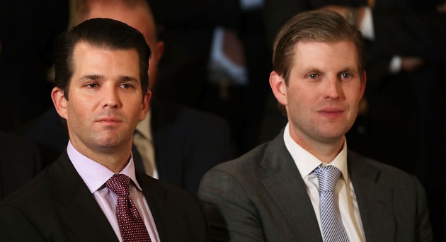WASHINGTON, DC - JANUARY 31: Donald Trump Jr. (L) and Eric Trump, sons of U.S. President Donald Trump, attend the ceremony to nominate Judge Neil Gorsuch to the Supreme Court in the East Room of the White House January 31, 2017 in Washington, DC. If confirmed, Gorsuch would fill the seat left vacant with the death of Associate Justice Antonin Scalia in February 2016. (Photo by Chip Somodevilla/Getty Images)