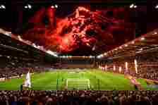 General view inside the stadium as fireworks are displayed ahead of kick off prior to the UEFA Europa Conference League 2023/24 round of 16 second ...
