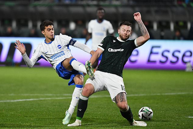 Brighton´s Yasin Ayari, left, challenges for the ball with Jablonec´s Martin Cedidla (Vit Tcherny/AP)