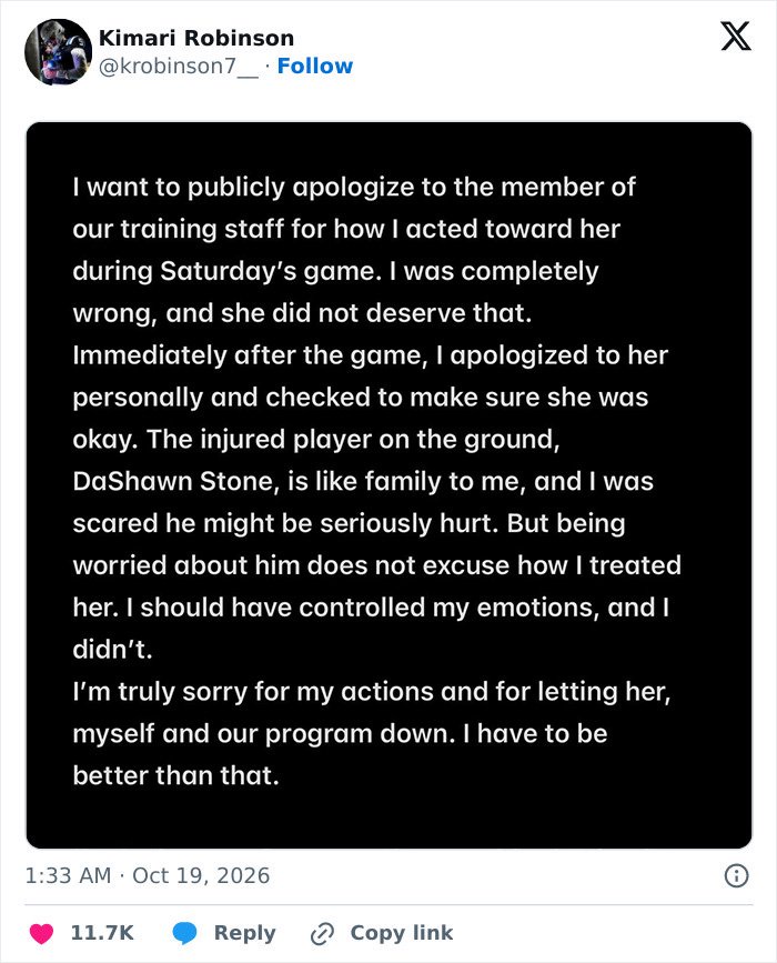 Public apology tweet from football player addressing treatment of staff member during game