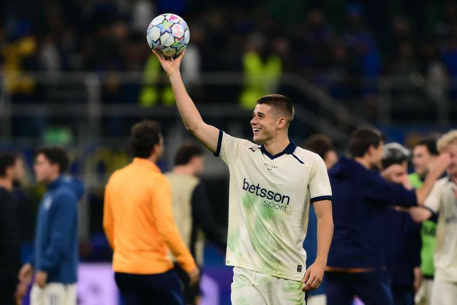 Nicolo Tresoldi with the match ball after his star turn for Club Brugge