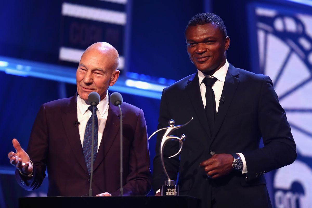 Patrick Stewart (L) and Marcel Desailly (R) present the The FIFA Fair Play Award during The Best FIFA Football Awards at The London Palladium on October 23, 2017 in London, England.
