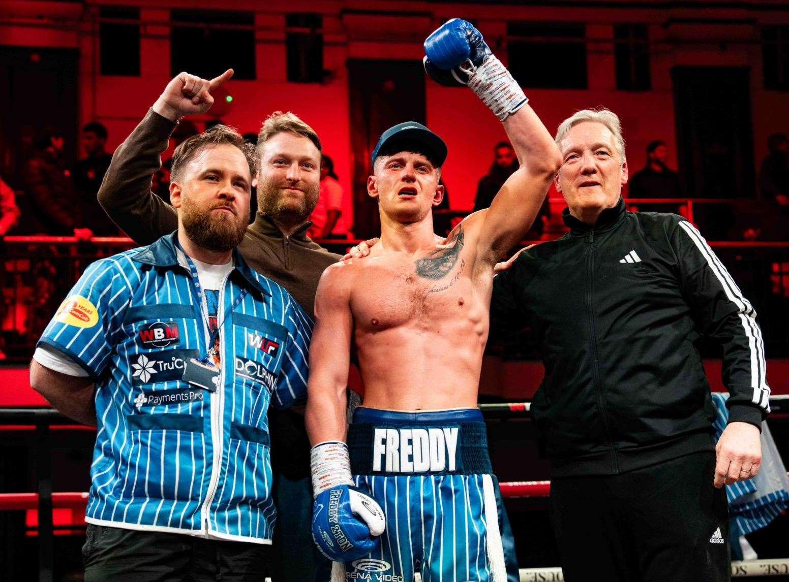Herne Bay fighter Freddie Ketteringham celebrates securing victory on his professional debut at London's York Hall. Picture: Brett King (shootproof.com)