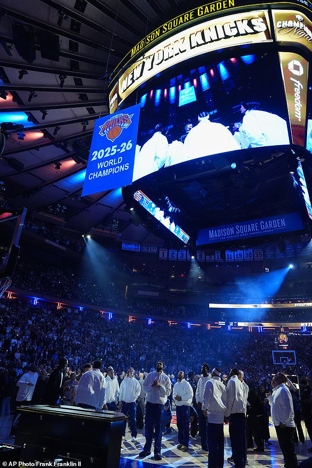 The World Champion New York Knicks raised a banner on opening night at Madison Square Garden to begin their title defense in their NBA season opener against the Philadelphia 76ers