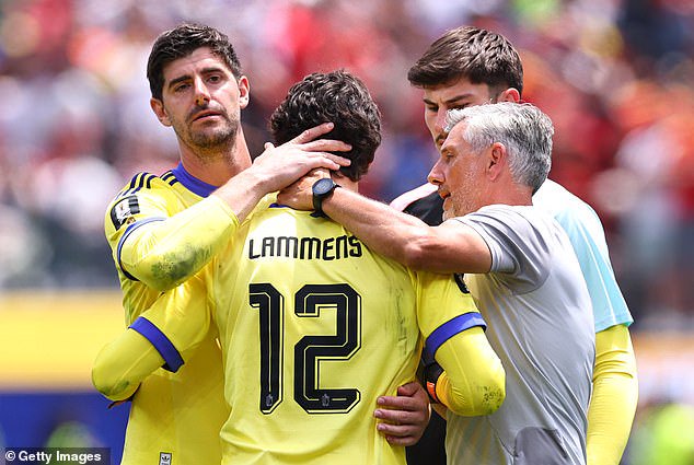 His form for Strasbourg earned him a place in Belgium's World Cup squad (pictured right), alongside former Chelsea star Thibaut Courtois (left) and Man United's Senne Lammens