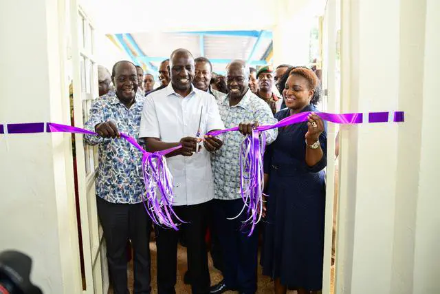 President William Ruto, DP Rigathi Gachagua and Health CS Susan Nakhumicha during the launch of the 90-bed capacity Emuhaya Sub-County Hospital Ward Unit on August 29, 2023