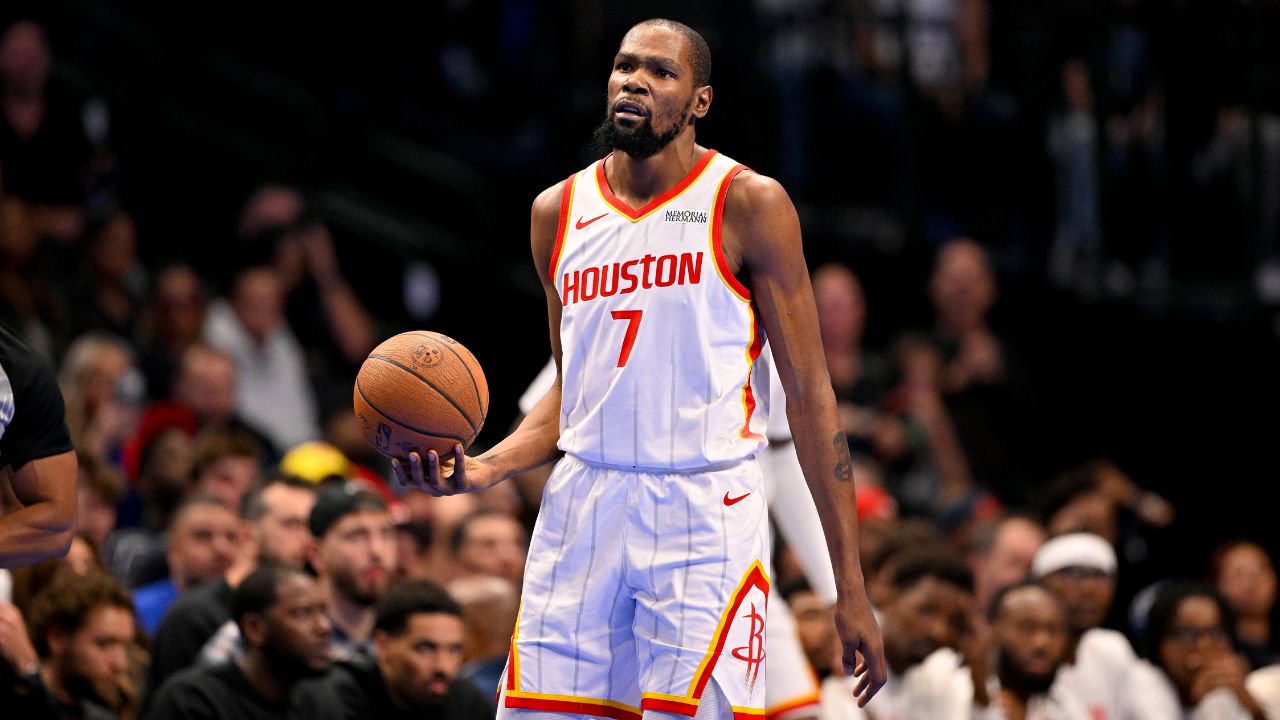 Oct 30, 2026; Dallas, Texas, USA; Houston Rockets forward Kevin Durant (7) looks on during the second half against the Dallas Mavericks at American Airlines Center. Mandatory Credit: Jerome Miron-Imagn Images