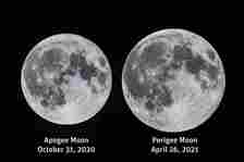 comparison of full moon size at apogee on october 31, 2020 and perigee, aka a supermoon, on april 26, 2021