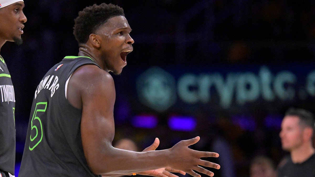 Minnesota Timberwolves guard Anthony Edwards (5) reacts toward referee Brian Forte (45) after called for a foul on Los Angeles Lakers forward LeBron James (23) in the second half at Crypto.com Arena on April 19, 2025.