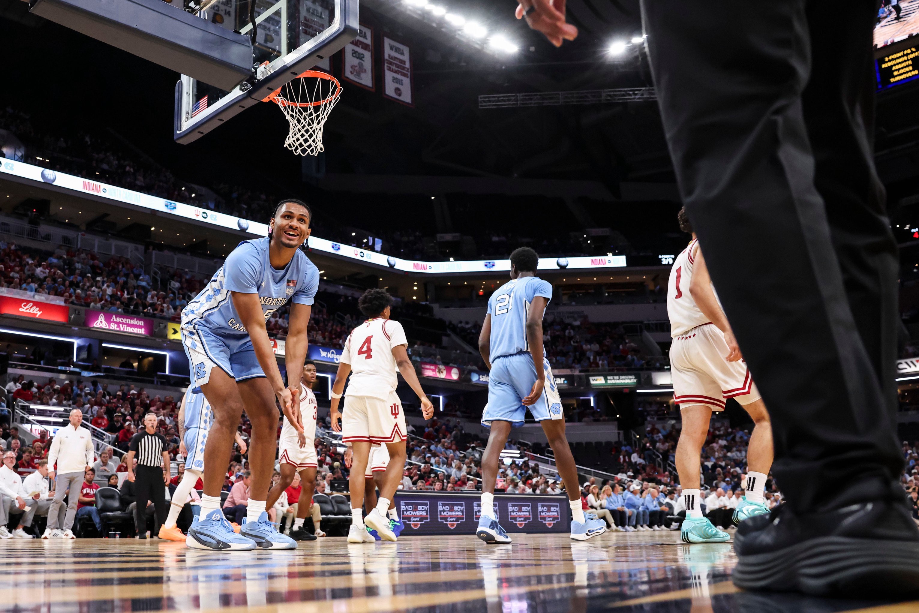 North Carolina Tar Heels forward Jarin Stevenson (15) expresses frustration Sunday, Oct. 18, 2026, during the first half of an exhibition game at Gainbridge Fieldhouse in Indianapolis.